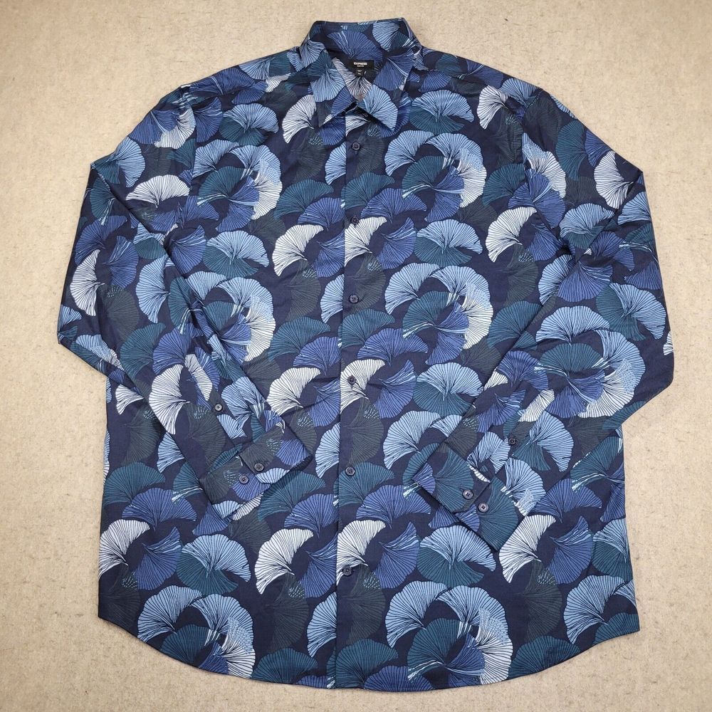 Express Slim Fit 1MX Shirt‎ Mens 2XLT Tall Blue Floral Long Sleeve Button Up